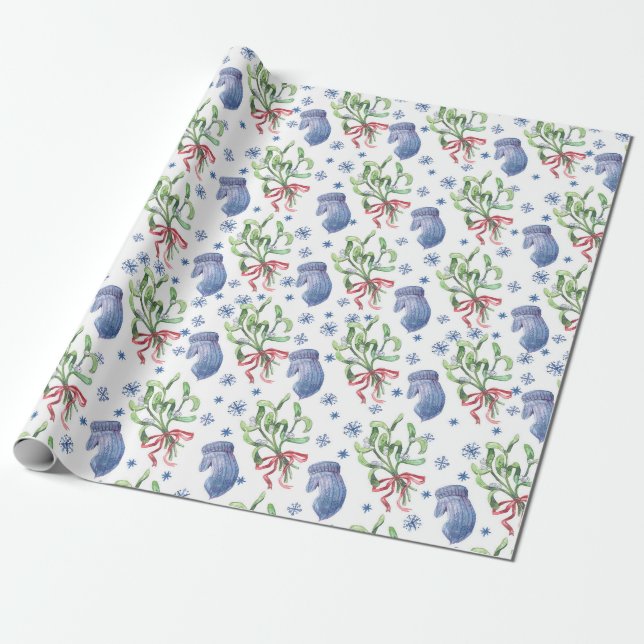 Papier Cadeau Mistletoe de Noël, Snowflakes, Mittens - Blanc (Déroulé)
