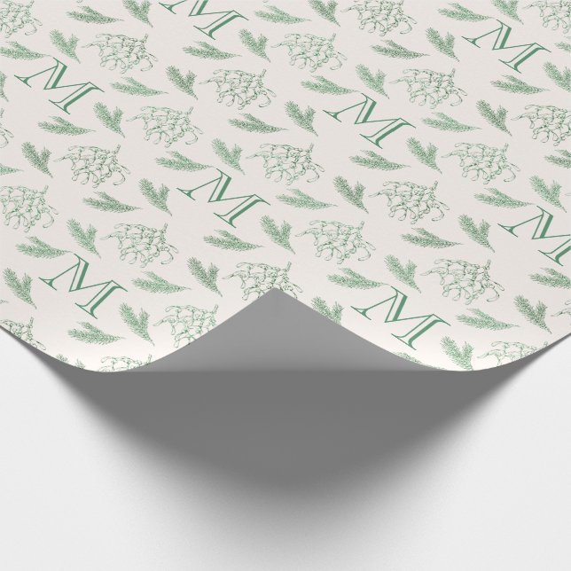 Papier Cadeau Mistletoe et pin avec Monogramme vert de Noël (Coin)