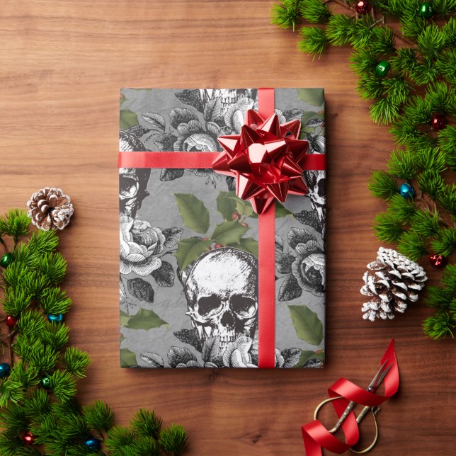 Papier Cadeau Mistletoe gothique, Roses et crâne Noël  (Cadeau de vacances)