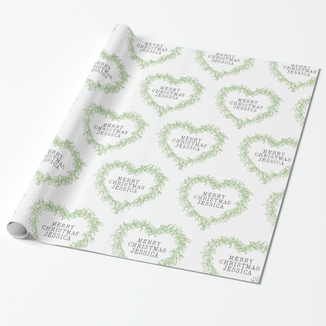 Papier Cadeau Mistortie de Noël tirant coeur vert blanc (Déroulé)