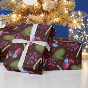 Papier Cadeau Mitaines de Noël, flocons de neige, cannes à la me