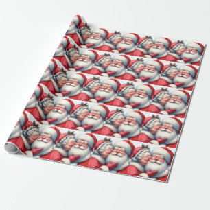 Papier Cadeau Mme Clause Kissing Père Noël Cute Christmas