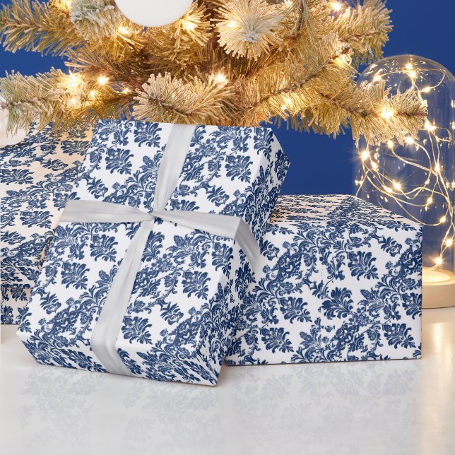 Papier Cadeau Modèle bleu Damas de la marine classique (Vacances)