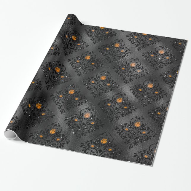 Papier Cadeau Modèle de Damas Florales Noir et Orange (Déroulé)