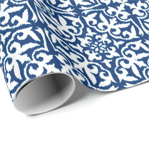 Papier Cadeau Modèle de damas Ikat - Bleu et blanc de cobalt