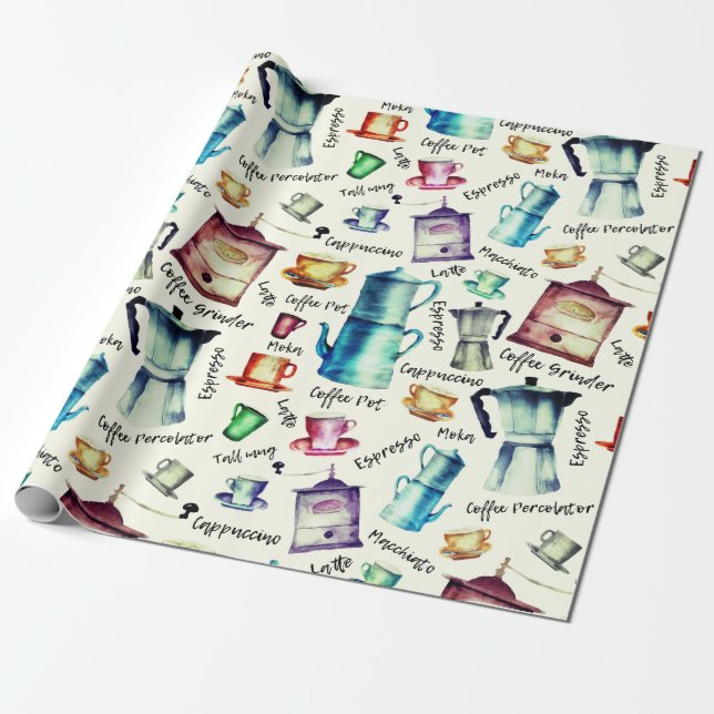 Papier Cadeau Modèle de tasses de café Aquarelle rétro (Déroulé)