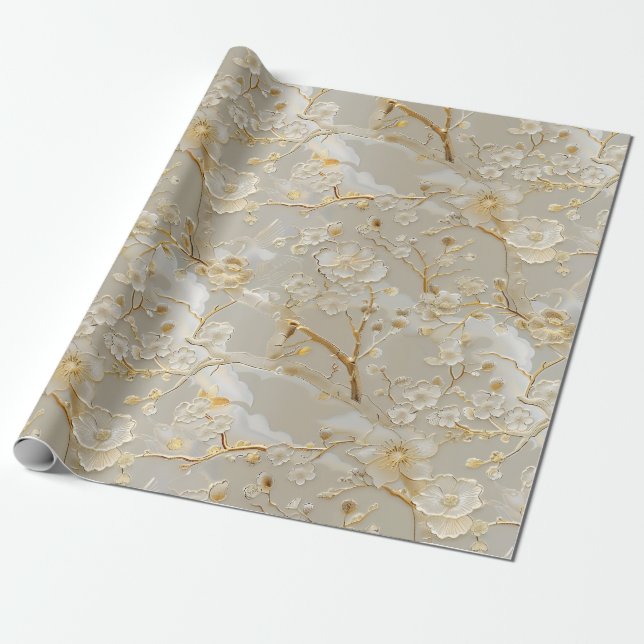 Papier Cadeau Modèle floral crème or chic (Déroulé)