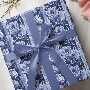 Papier Cadeau Modèle floral d'antiquité Delft bleu et blanc