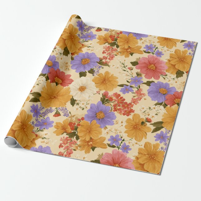 Papier Cadeau Modèle floral de marguerite vintage (2) (Déroulé)