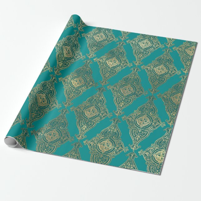 Papier Cadeau Modèle Turquoise et Gold Damask (Déroulé)