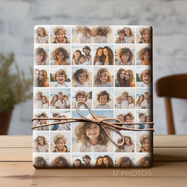 Papier Cadeau Moden, Minimal Photo Grid avec 17 photos (Custom Photo Collage Wrapping Paper - All Occasion)