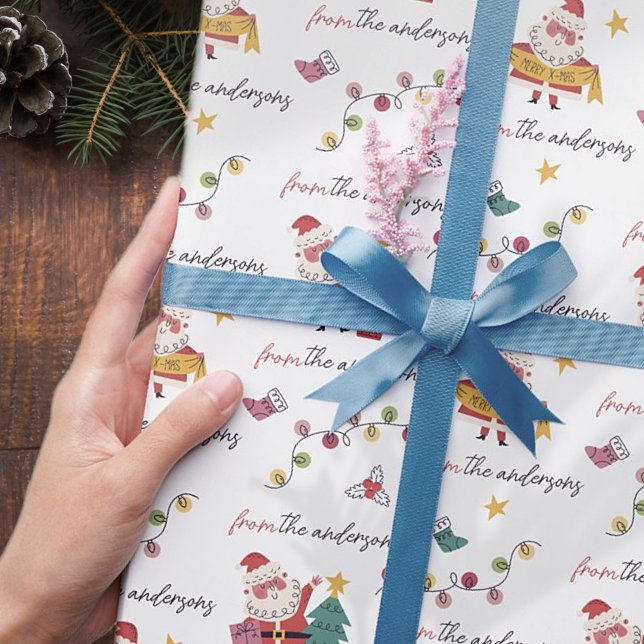 Papier Cadeau Modern Cute Père Noël Motif de Noël Nom personnali (Créateur téléchargé)