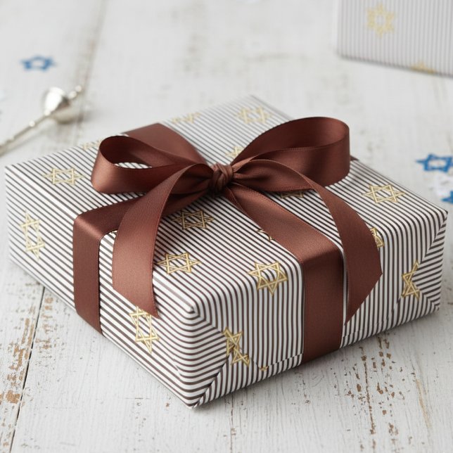 Papier Cadeau Modern Dark Brown Jewish Gold Star of David (Modern Elegant Dark Brown Stripes Jewish Wrapping Paper for Him for Bar Mitzvah, Mazel Tov, Hanukkah)