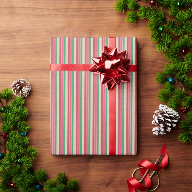 Papier Cadeau Modern Stripes Wrapping Paper Pink Red Green Cream (Cadeau de vacances)