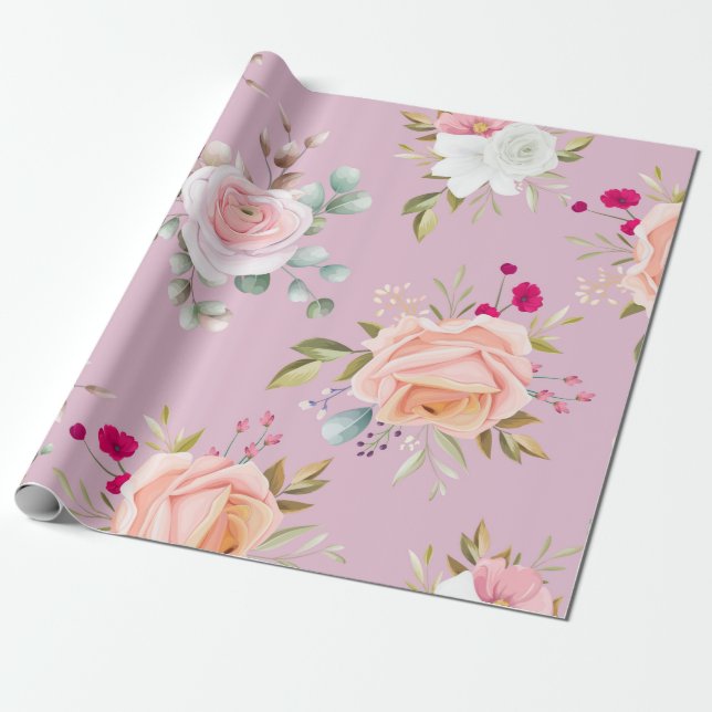 Papier Cadeau moderne chic rouge, rose floral (Déroulé)