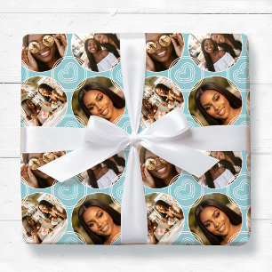 Papier Cadeau Moderne Collage de 4 Photos Cercle Motif Cœur Bleu
