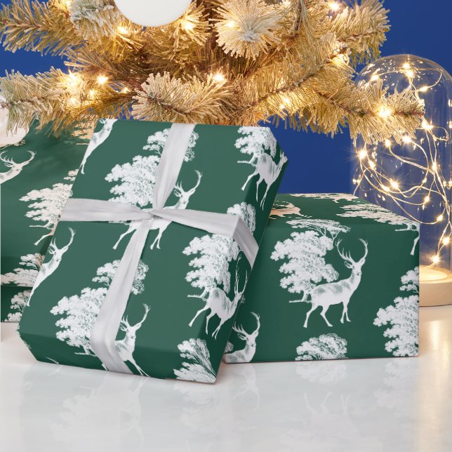 Papier Cadeau Moderne Elégant Blanc Cerf Bois Vert foncé (Vacances)