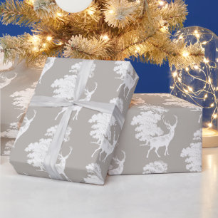 Papier Cadeau Moderne Elégant Cerf Blanc Bois Gris Argent