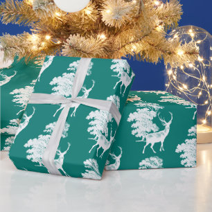 Papier Cadeau Moderne Elégant Cerf Blanc Pin de Bois Vert