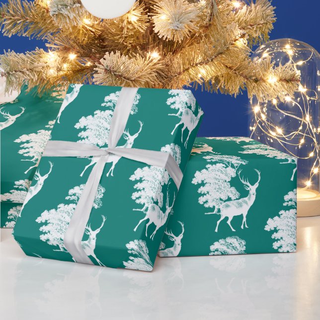 Papier Cadeau Moderne Elégant Cerf Blanc Pin de Bois Vert (Vacances)
