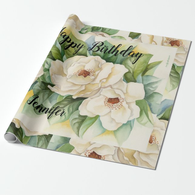 Papier Cadeau Moderne Elégant Floral Anniversaire Noir Nom Scrip (Déroulé)