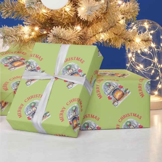 Papier Cadeau Moderne Joyeux Noël Rouge Vert Cheminée  (Vacances)