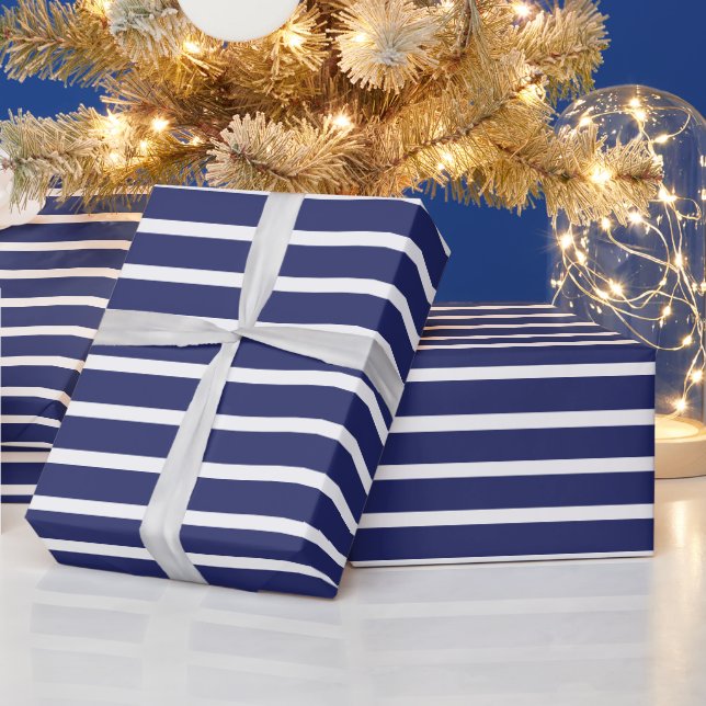 Papier Cadeau Moderne marine bleu & blanc rayures élégant chic (Vacances)