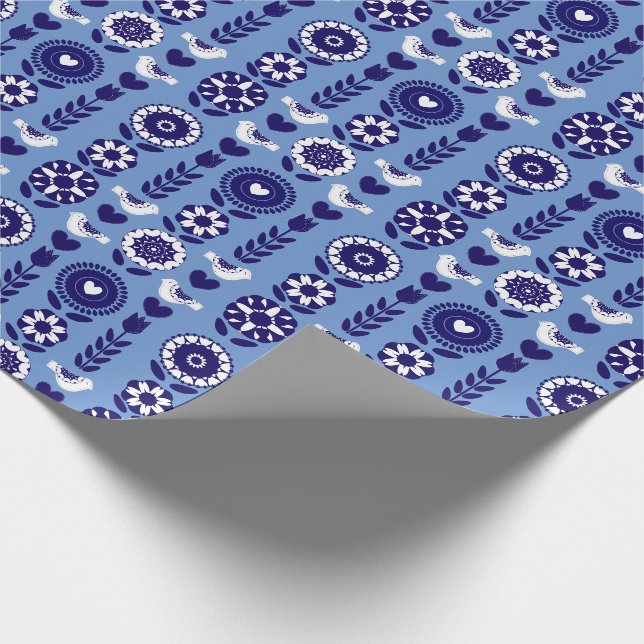 Papier Cadeau Moderne Md Century Cute Floral Motif Bleu Blanc (Coin)