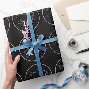 Papier Cadeau Moderne Minimaliste 16ème Anniversaire Noir Rose B