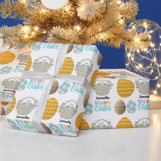 Papier Cadeau Moderne motif de œufs de Pâques Nom personnalisé 
