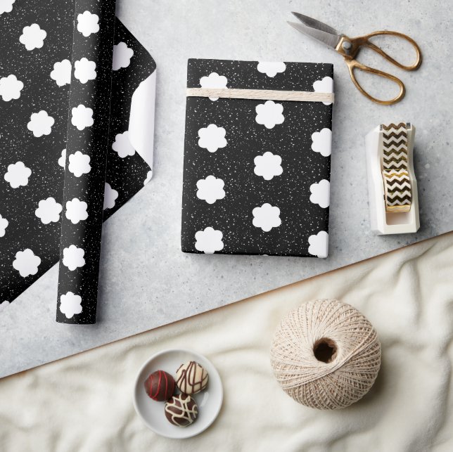 Papier Cadeau moderne noir et blanc rétro floral (Artisanat)