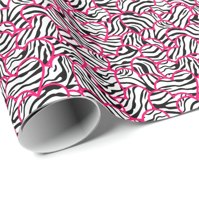Papier Cadeau Moderne rose noir moderne Zebra Hearts Motif (Coin rond)