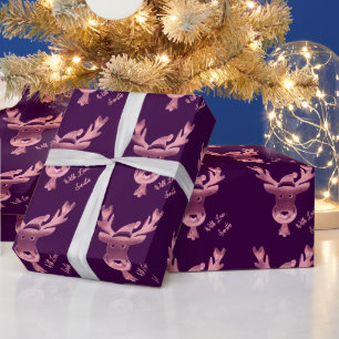 Papier Cadeau Moderne rose violet renne mignonne Noël