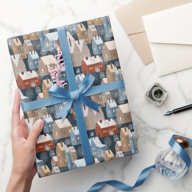Papier Cadeau Moderne Scandi Hiver Maisons Motif Bleu Rouge (Cadeaux)