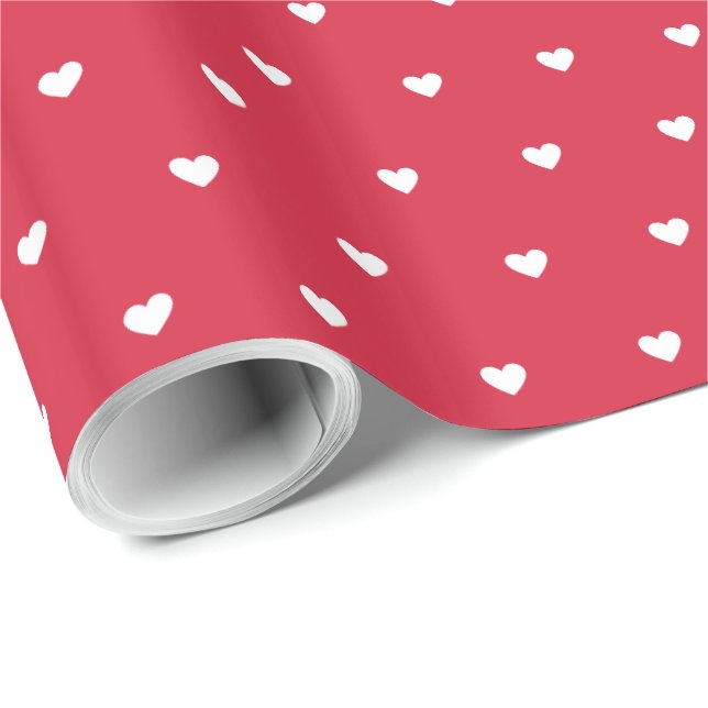 Papier Cadeau Moderne Simple Valentine Blanc Petits Coeurs Rouge (Coin rond)