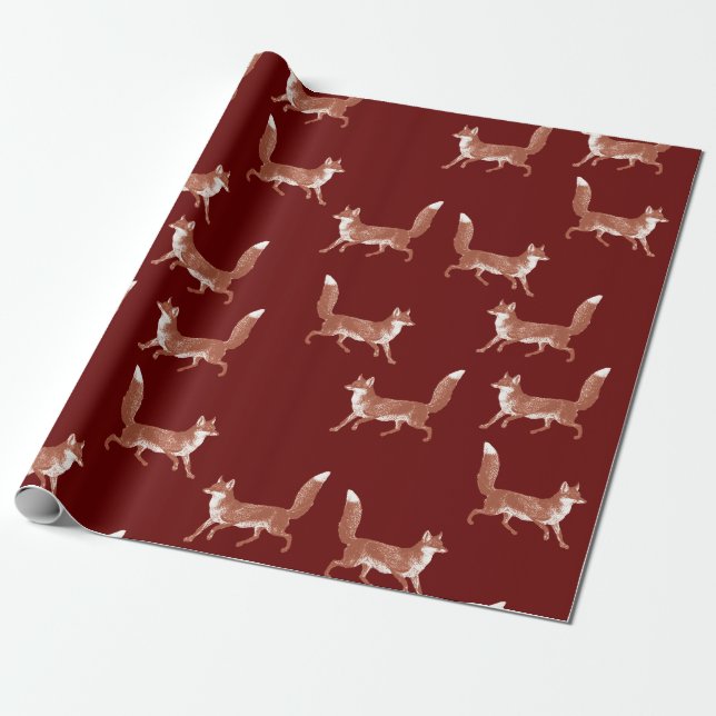 Papier Cadeau Moderne Vintage mignonne Fox Motif rouge foncé (Déroulé)
