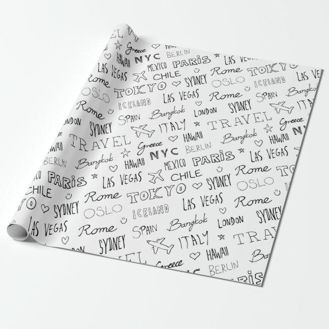 Papier Cadeau Monde places ville noms Voyage wanderlust cool (Déroulé)