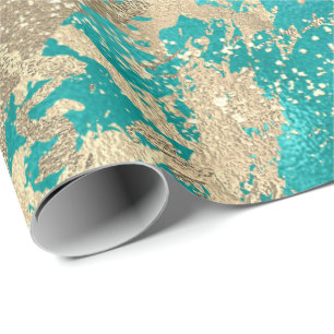 Papier Cadeau Monnaie Aqua Champaigne Or Marbre Artères métalliq
