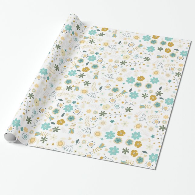 Papier Cadeau Monnaie Bleu Jaune Chic Floral Anniversaire (Déroulé)