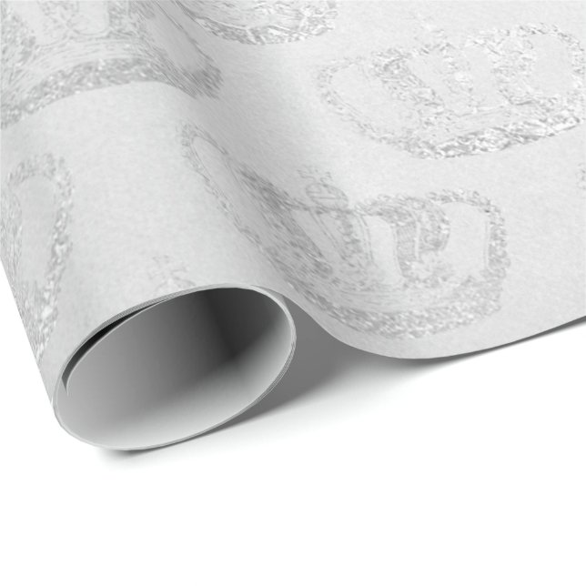 Papier Cadeau Monochromatique Argent Couronne Princesse Grey Gla (Coin rond)