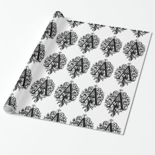 Papier Cadeau Monogramme A Modèle floral noir et blanc initial