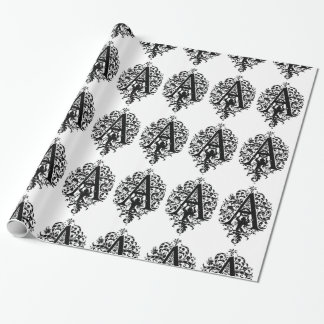Papier Cadeau Monogramme A Modèle floral noir et blanc initial
