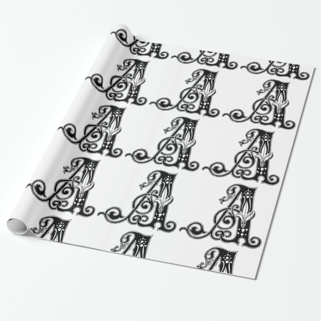 Papier Cadeau Monogramme A Modèle floral noir et blanc initial (Déroulé)