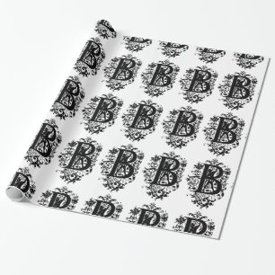 Papier Cadeau Monogramme B Modèle floral noir et blanc initial