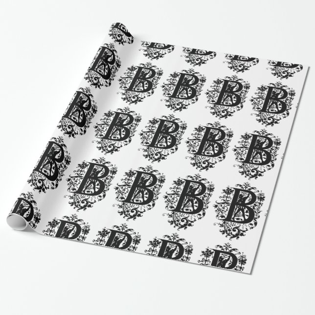 Papier Cadeau Monogramme B Modèle floral noir et blanc initial (Déroulé)