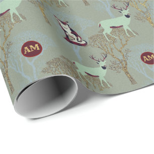 Papier Cadeau Monogramme Bois Animaux Arbres d'or Buffalo Plaid