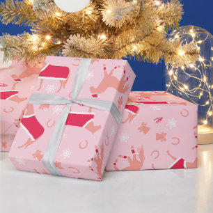 Papier Cadeau Monogramme Chevaux Père Noël Rose Rouge