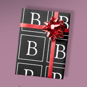 Papier Cadeau Monogramme Classique Simple   Noir avec Texte Blan