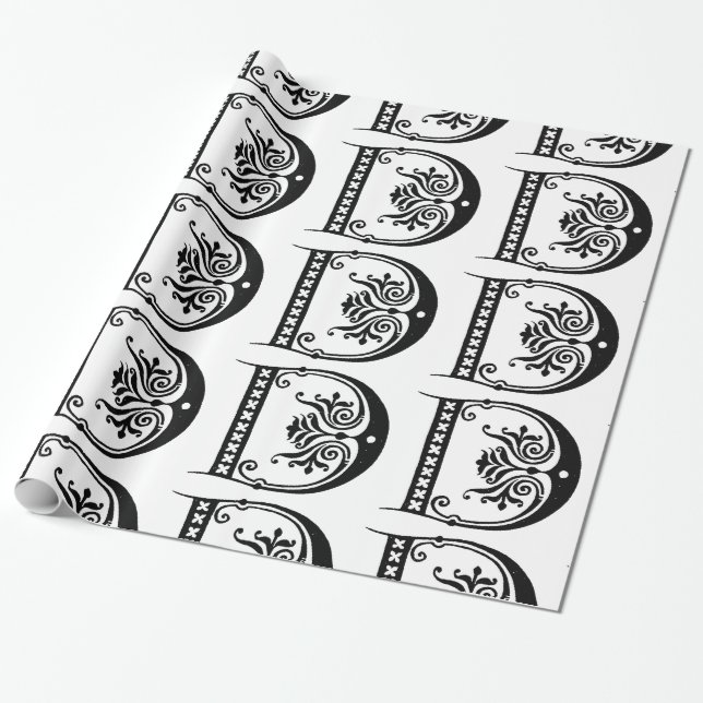 Papier Cadeau Monogramme D Modèle floral noir et blanc initial (Déroulé)