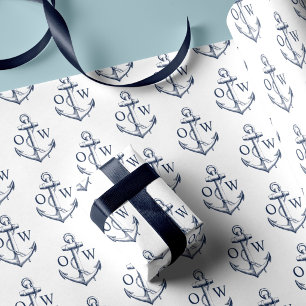 Papier Cadeau Monogramme d'ancre nautique blanc marine 